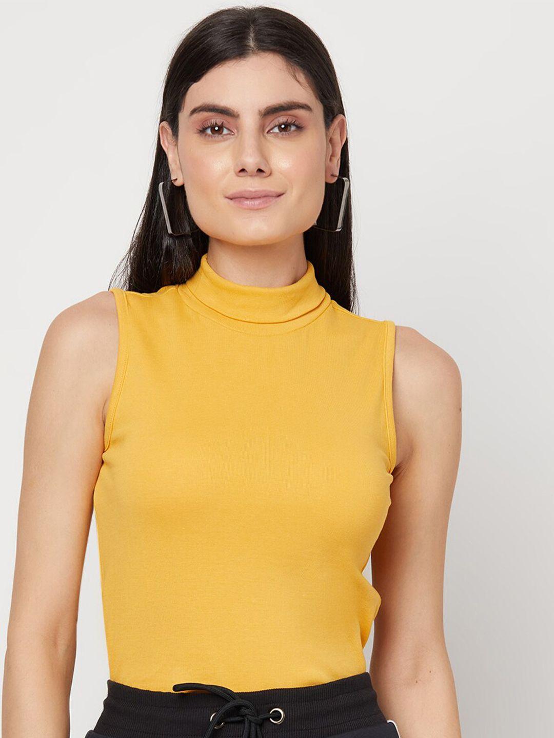 yoonoy women mustard yellow solid high neck sleeveless top