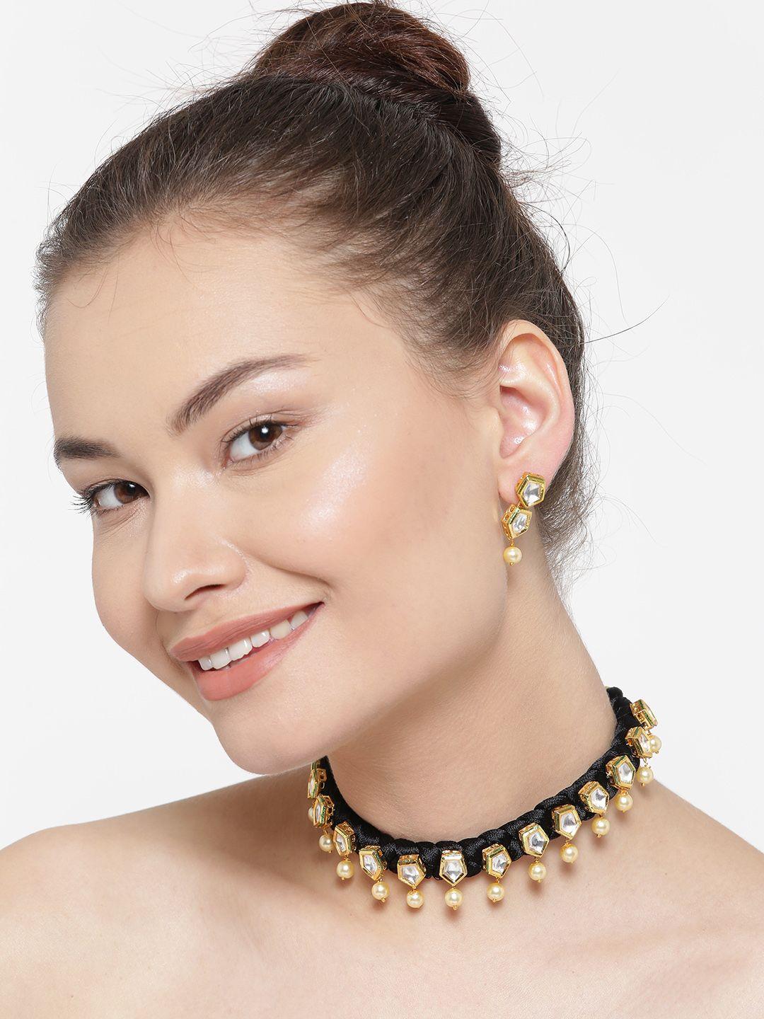youbella black & gold-toned stone-studded beaded jewellery set