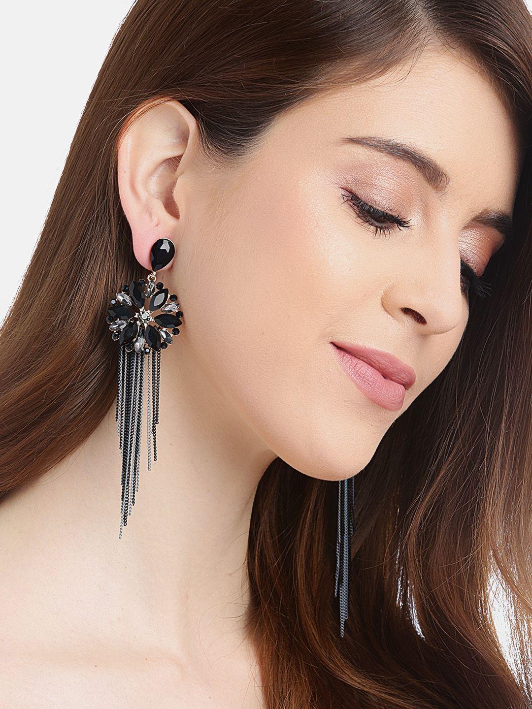 youbella black & grey stone-studded tasselled floral drop earrings