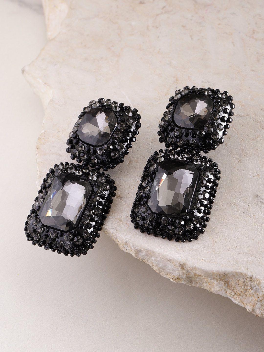 youbella black stone-studded geometric drop earrings