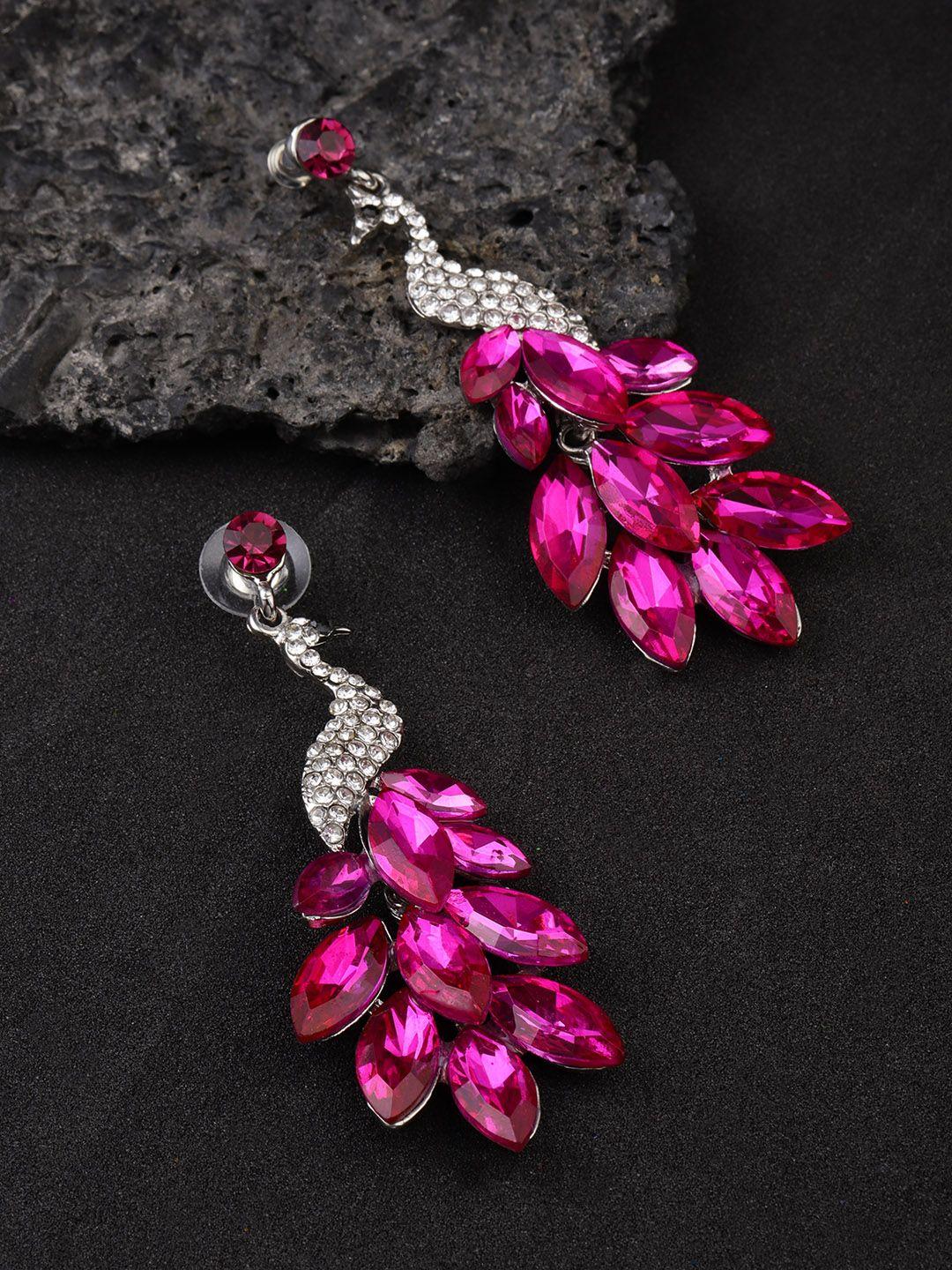 youbella fuchsia silver-plated handcrafted stone-studded peacock shaped drop earrings