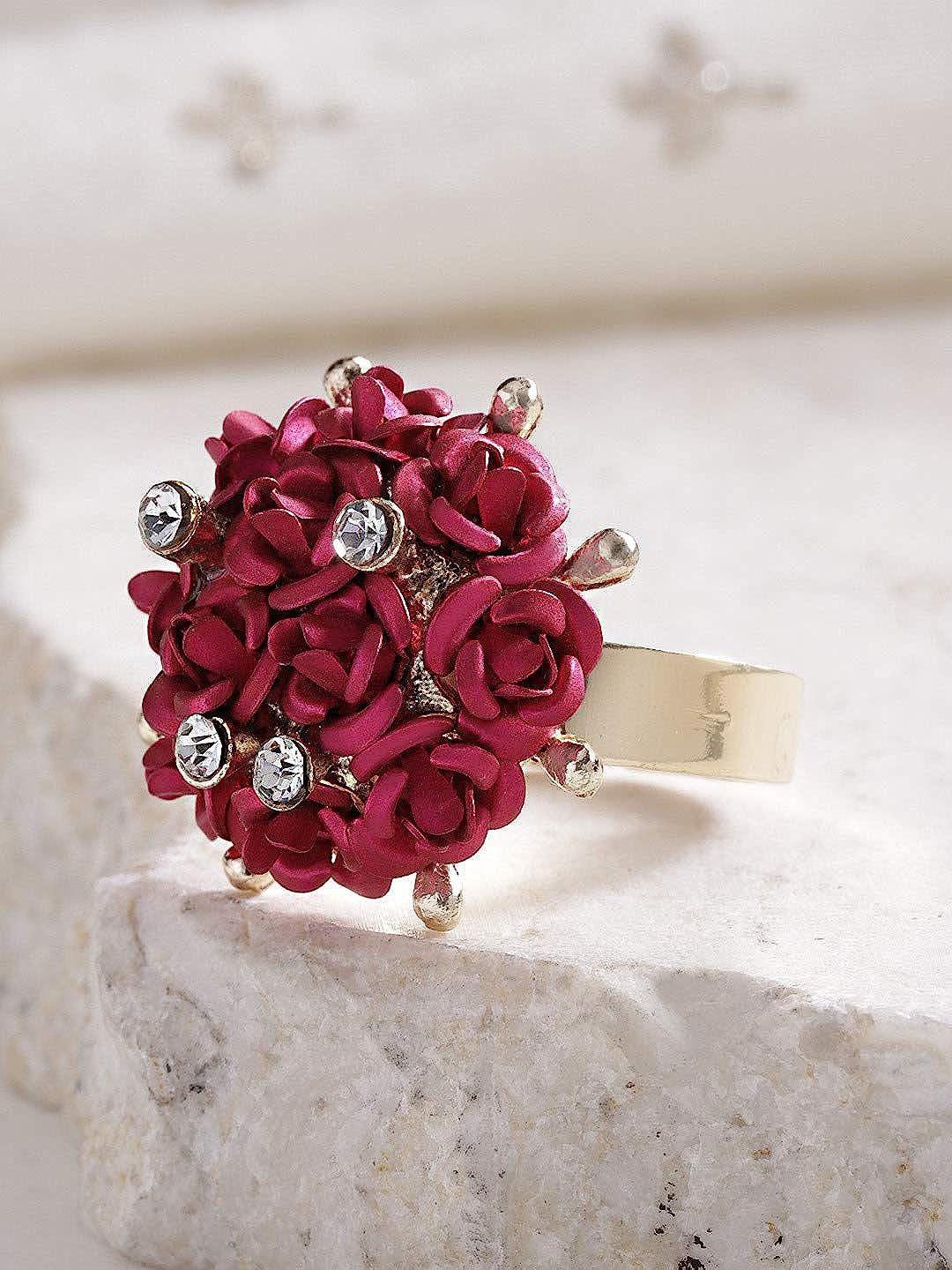 youbella gold-plated stone-studded rose details adjustable ring