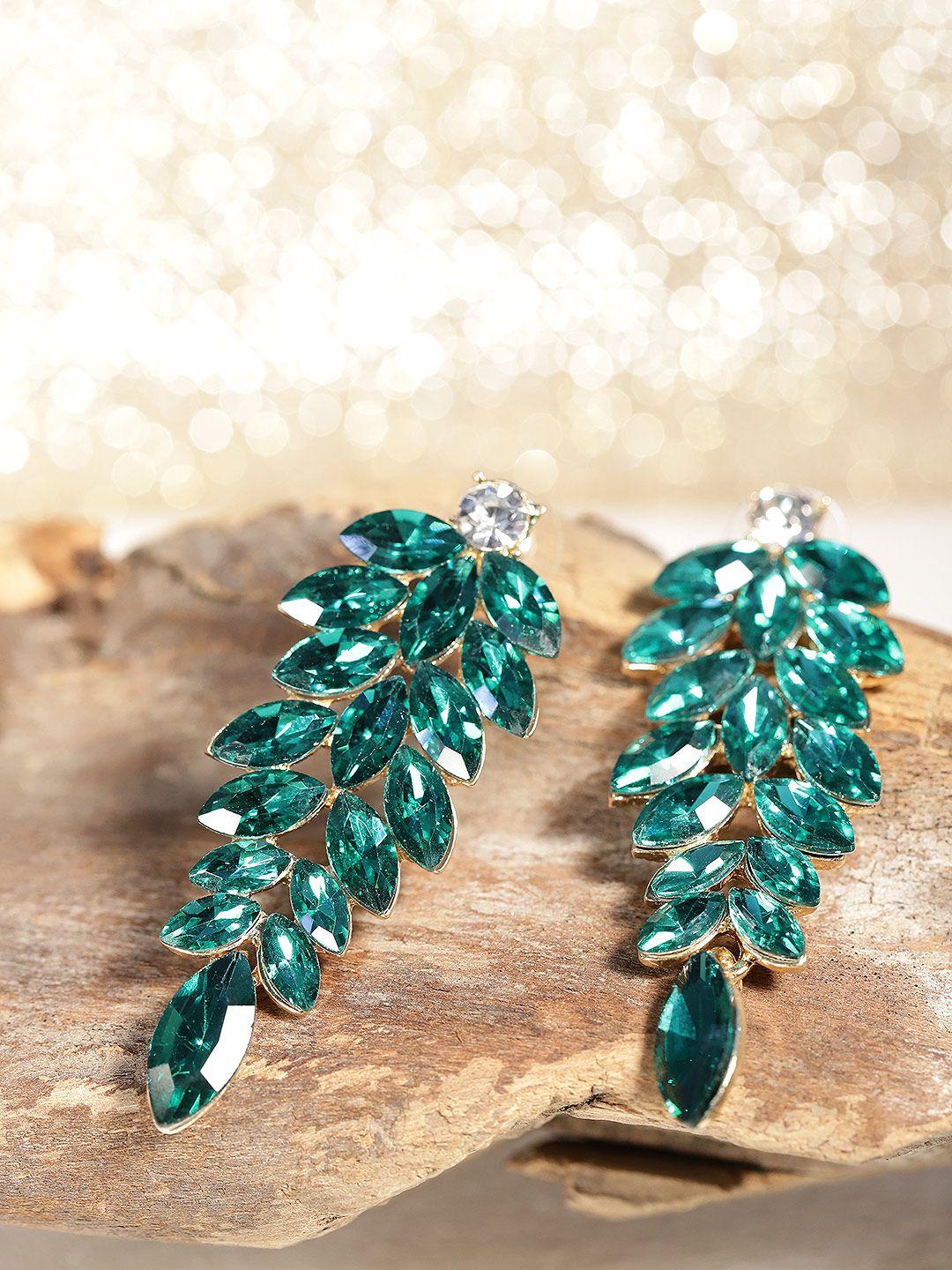 youbella green gold-plated stone-studded leaf shaped drop earrings