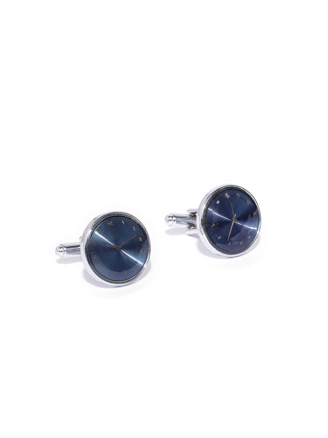 youbella navy blue & gold-toned silver-plated clock shaped cufflinks