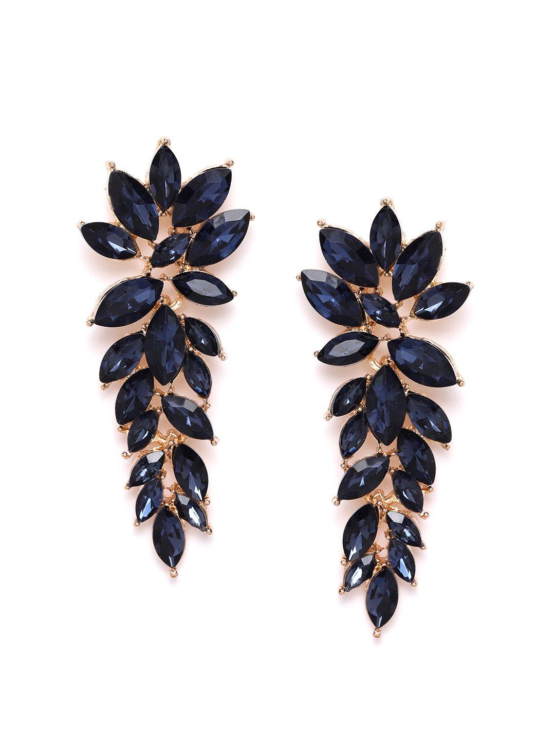 youbella navy blue gold-plated stone-studded contemporary drop earrings