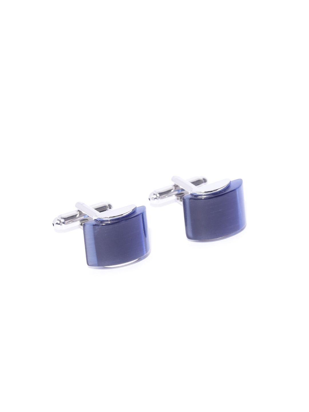 youbella navy blue silver-plated solid rectangle cufflinks