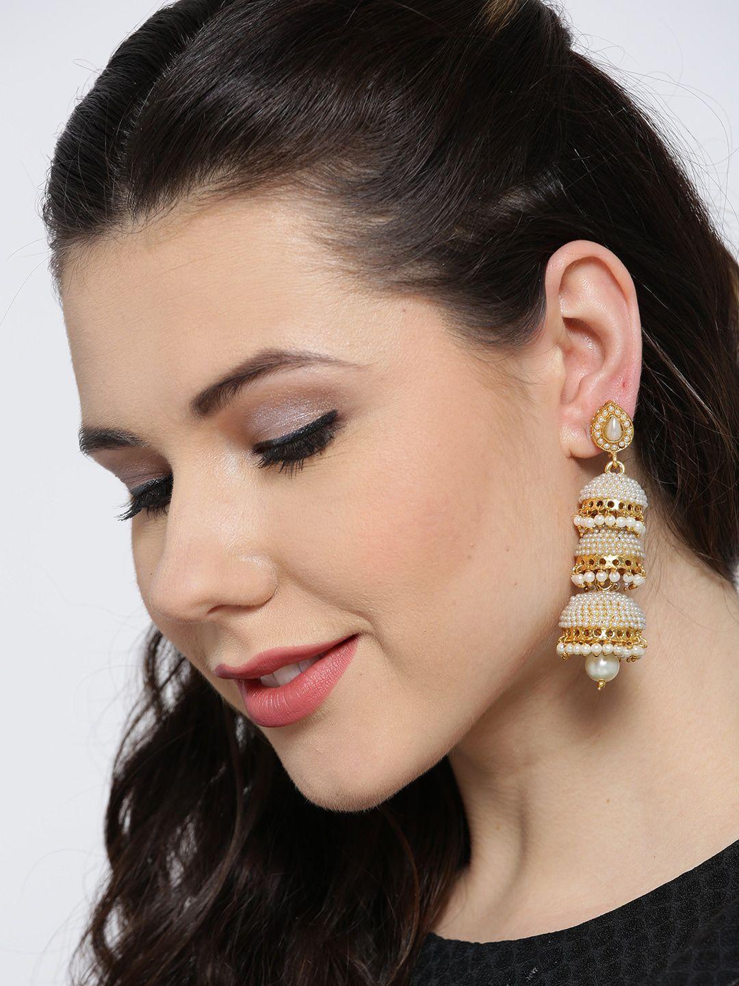 youbella off white & gold-plated contemporary jhumkas earrings