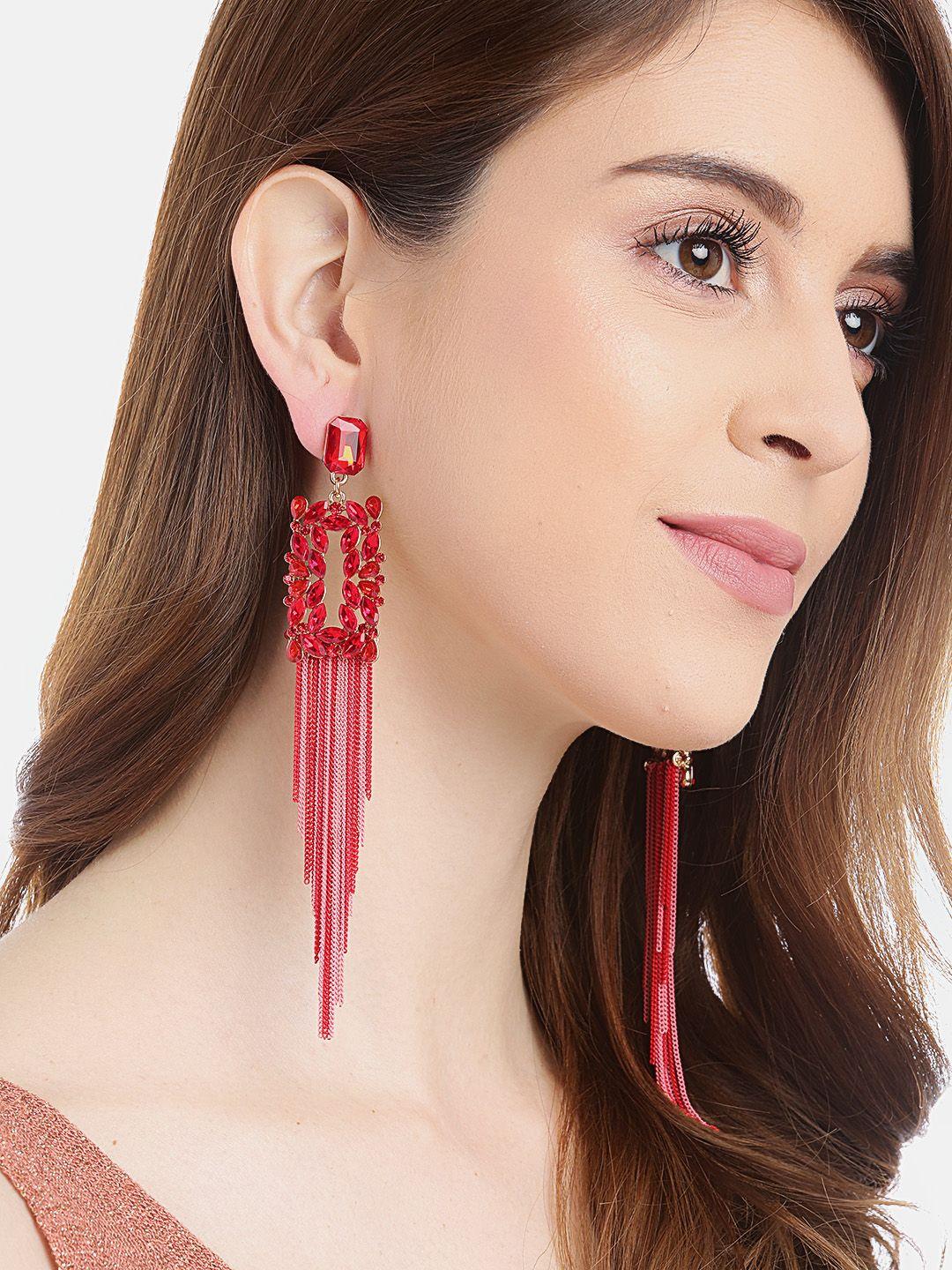 youbella red & pink stone-studded tasselled geometric drop earrings