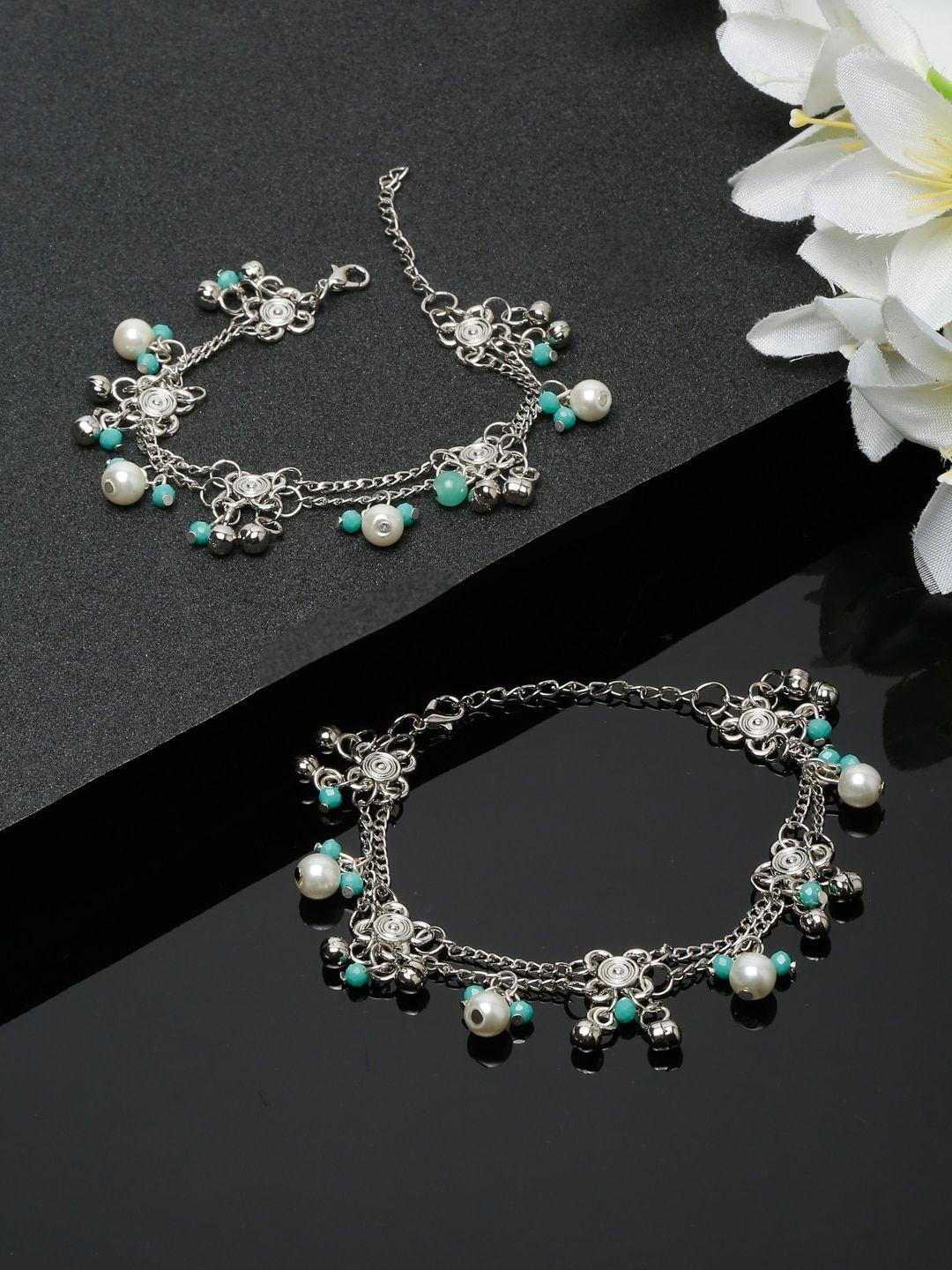 youbella set of 2 silver-plated beaded anklets