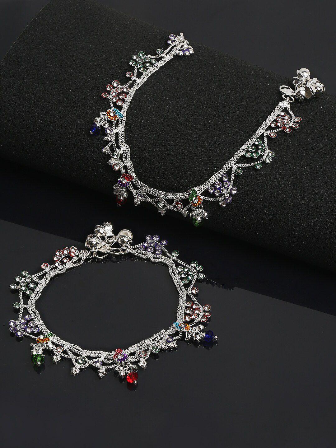 youbella set of 2 silver-plated blue & red beaded anklets