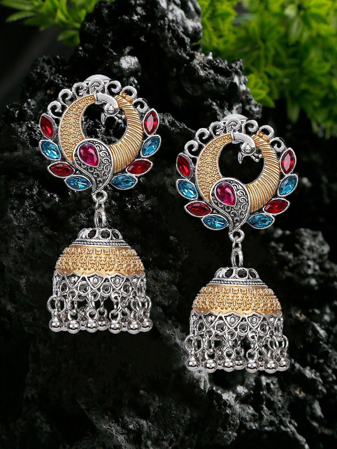 youbella silver-plated dome shaped jhumkas earrings