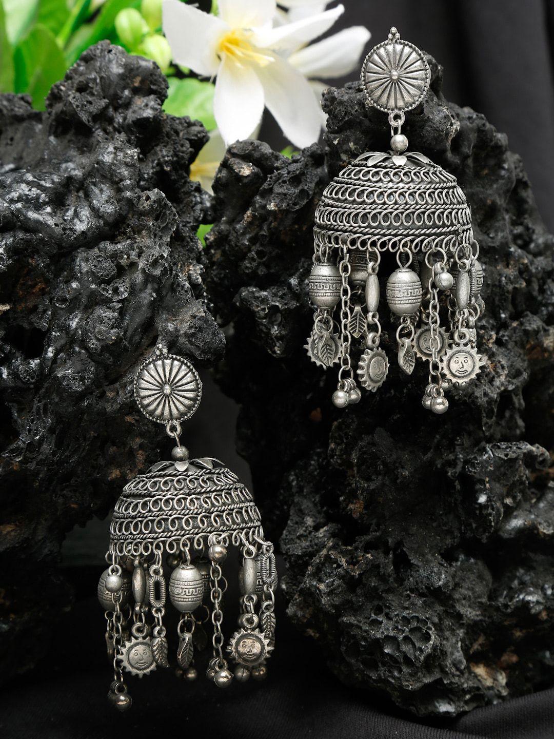 youbella silver-toned contemporary jhumkas earrings