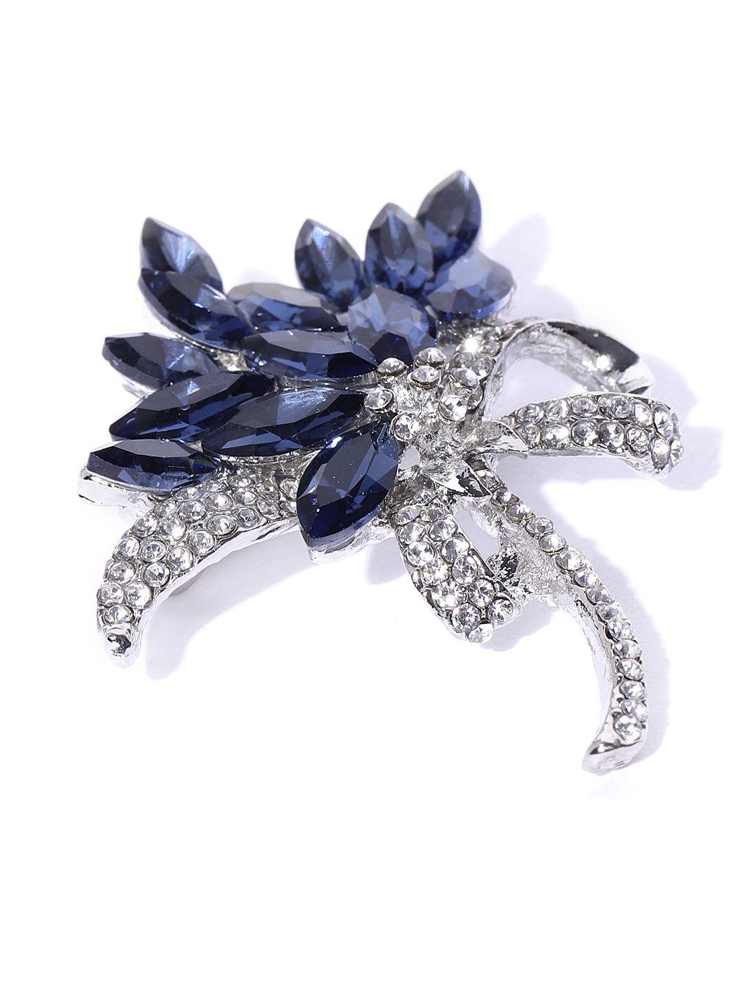 youbella women navy blue & silver-toned stone-studded brooch