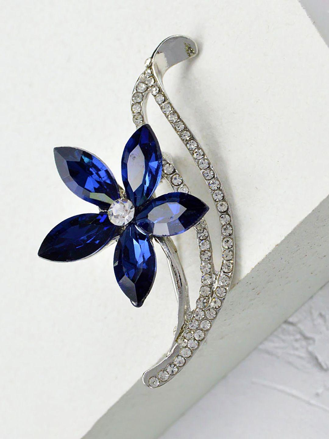 youbella women navy blue & silver-toned stone-studded floral brooch