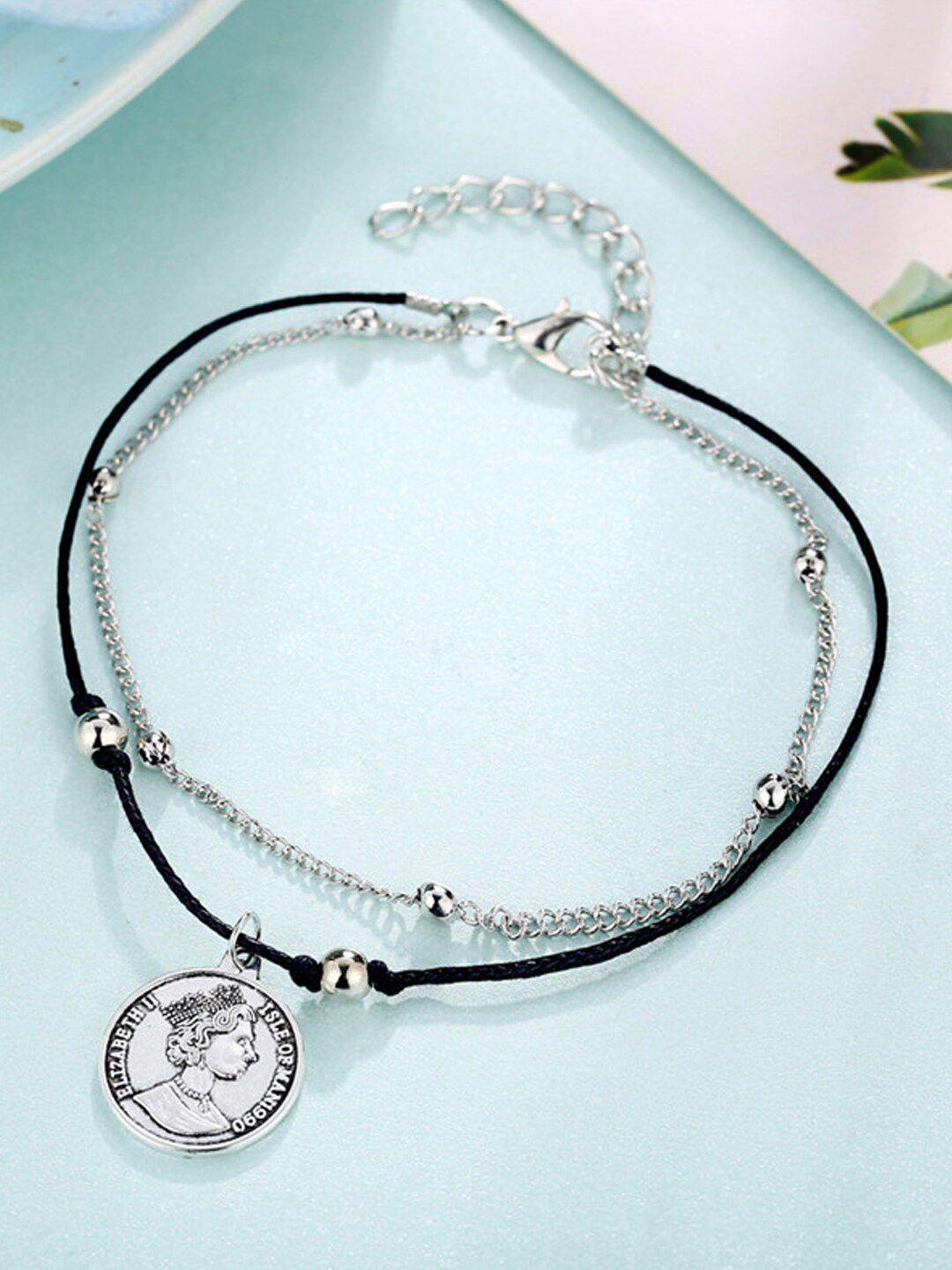 young & forever women black thread coin & silver-plated layered anklet