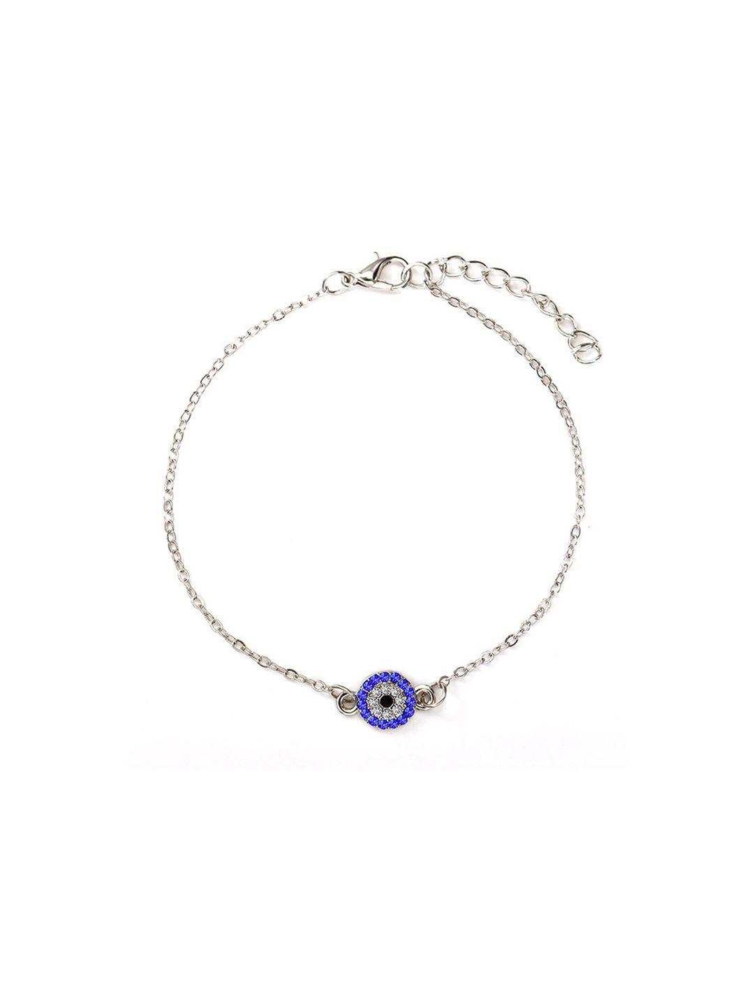 young & forever women stainless steel silver-plated blue crystal studded evil eye anklet