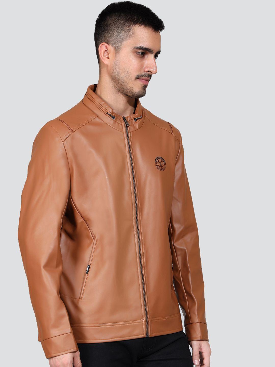 young club classic men tan colourblocked leather lightweight biker jacket
