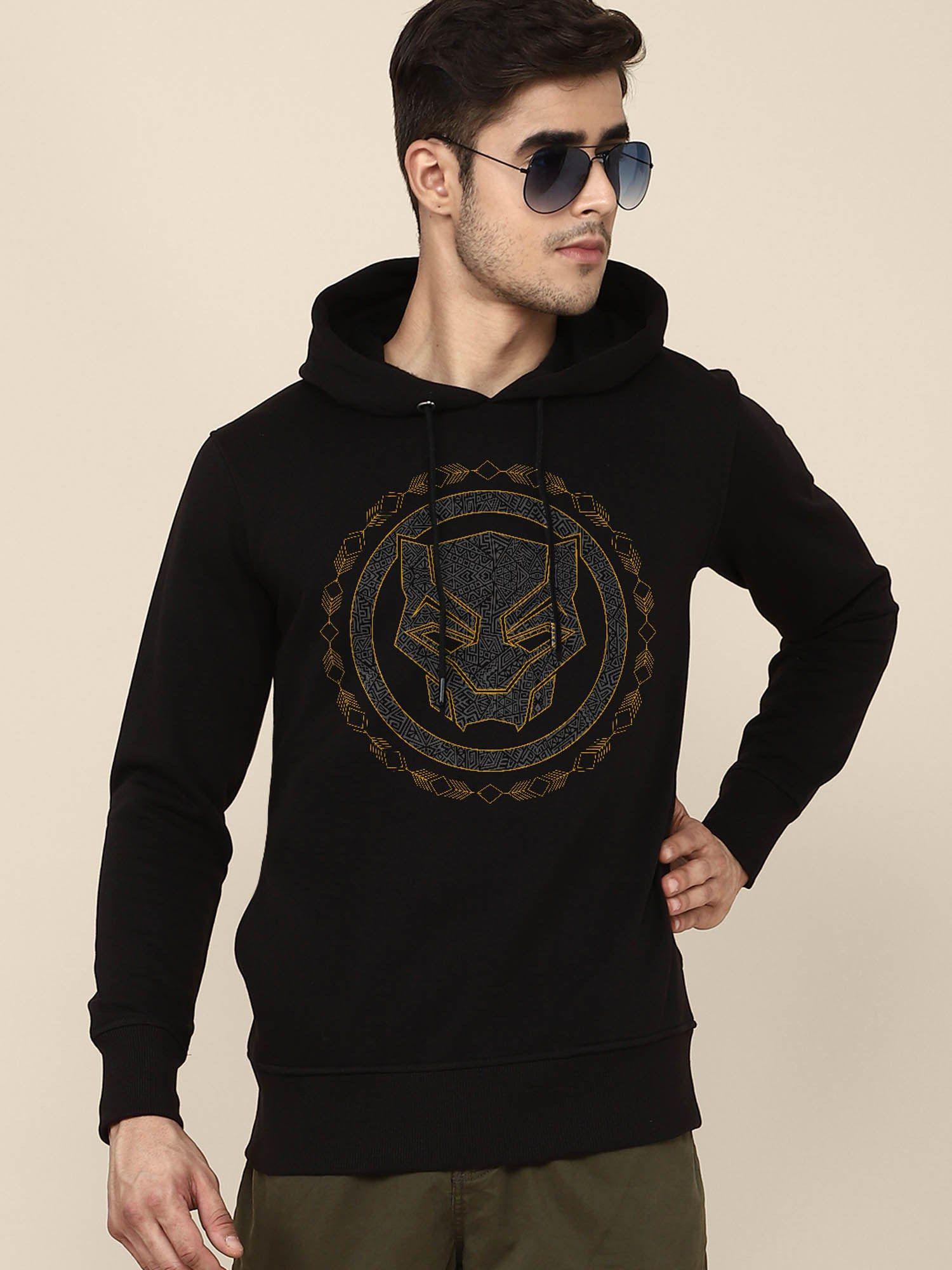 young men black panther printed black hoodie