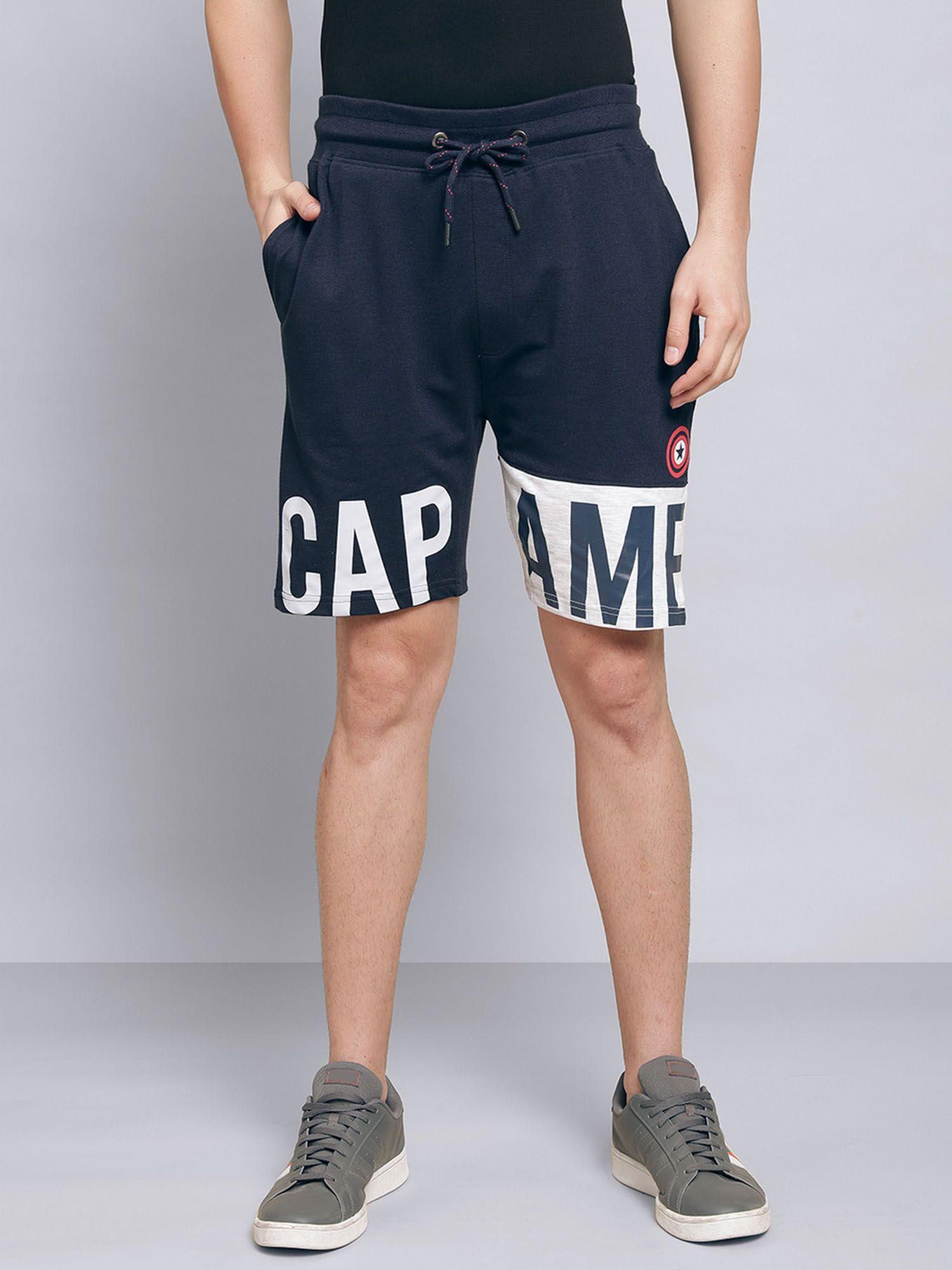 young men captain america printed blue shorts