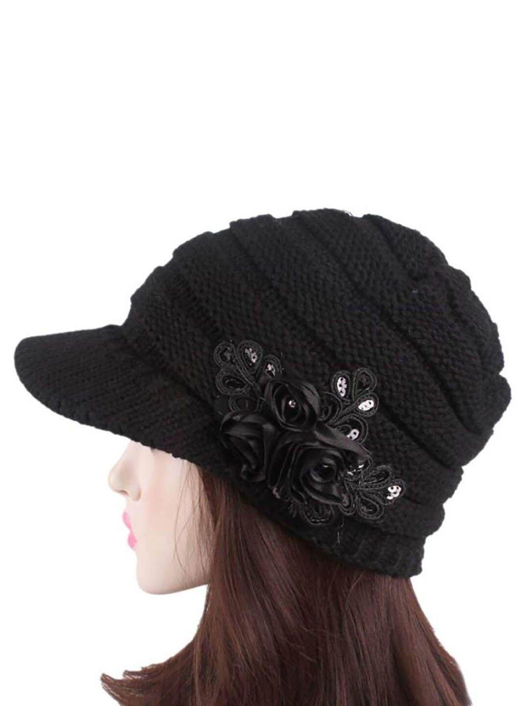 youstylo adults black self design woolen winter visor cap