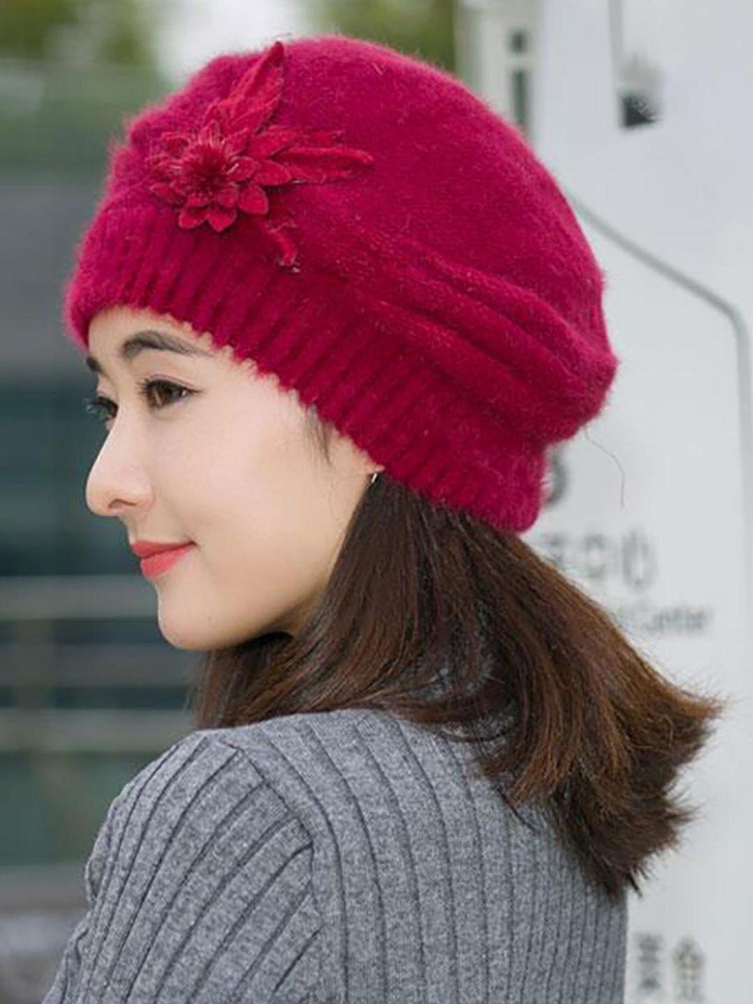 youstylo adults maroon self design woolen winter beanie cap