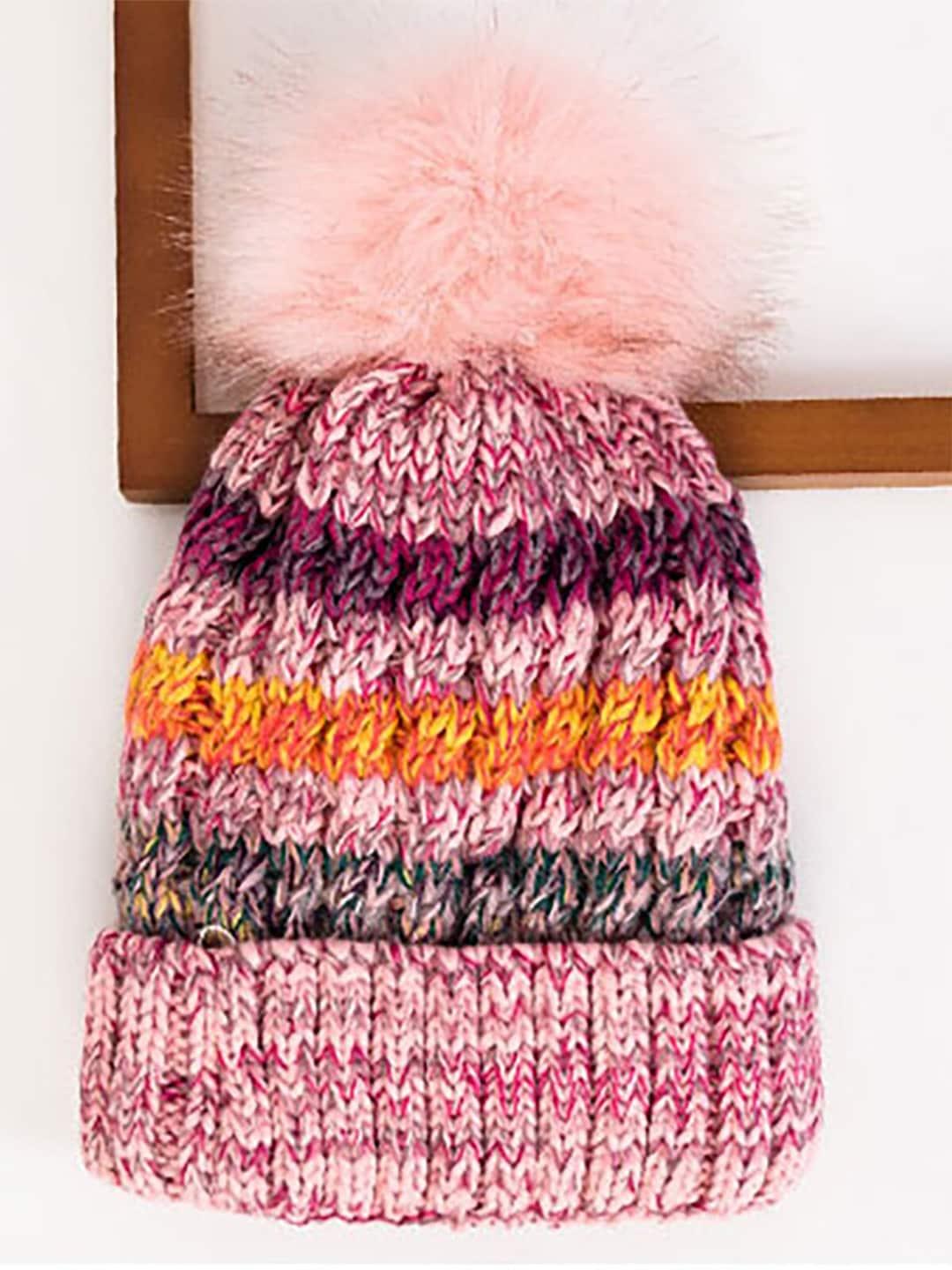 youstylo adults pink & yellow self design woolen winter pompom cap
