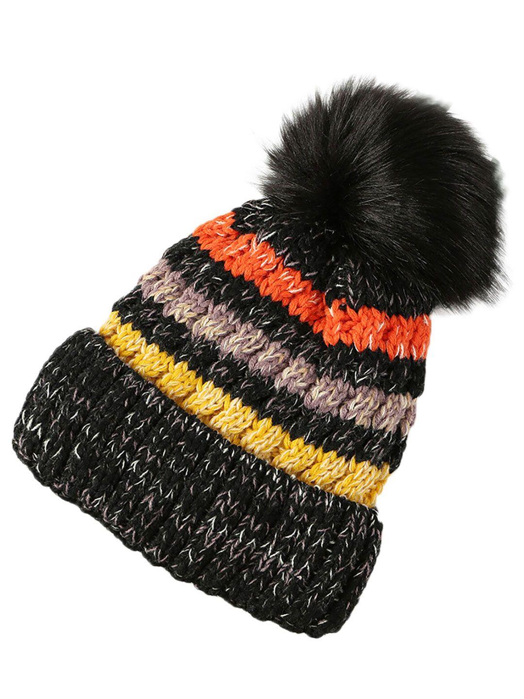 youstylo adults black & yellow self design woolen winter pompom cap