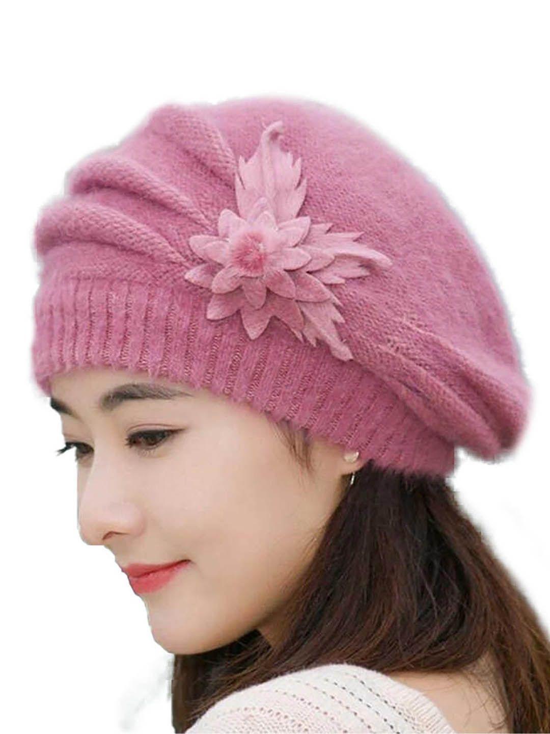 youstylo adults pink self design woolen winter beanie cap