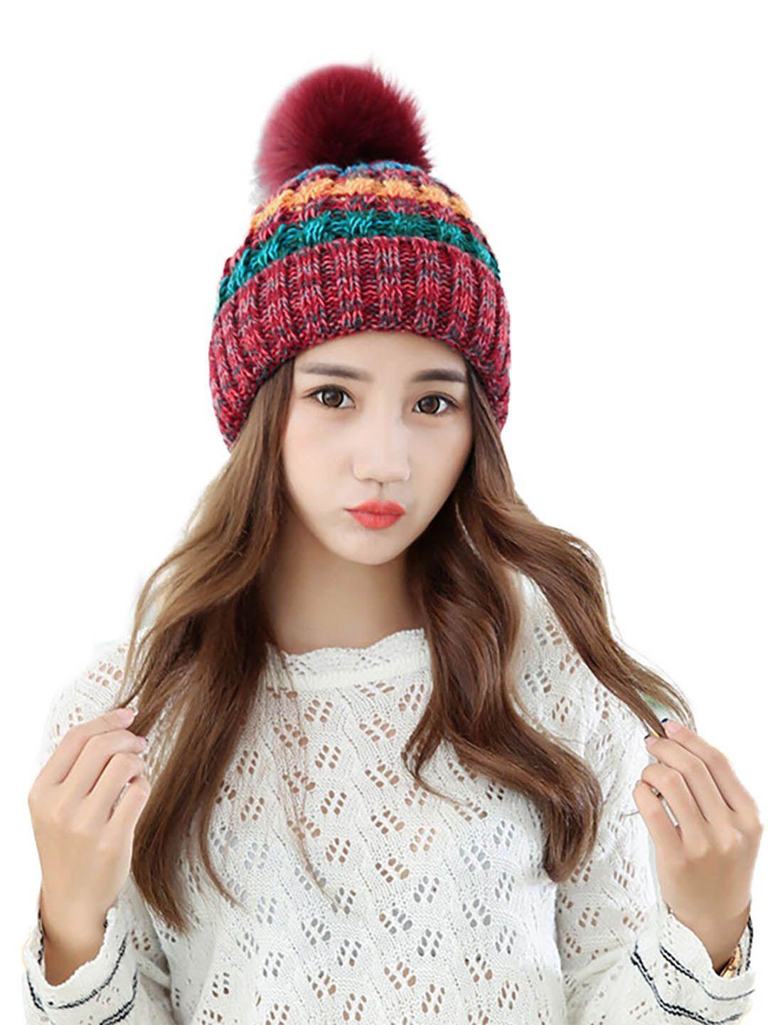 youstylo adults red & blue self design woolen winter pompom cap