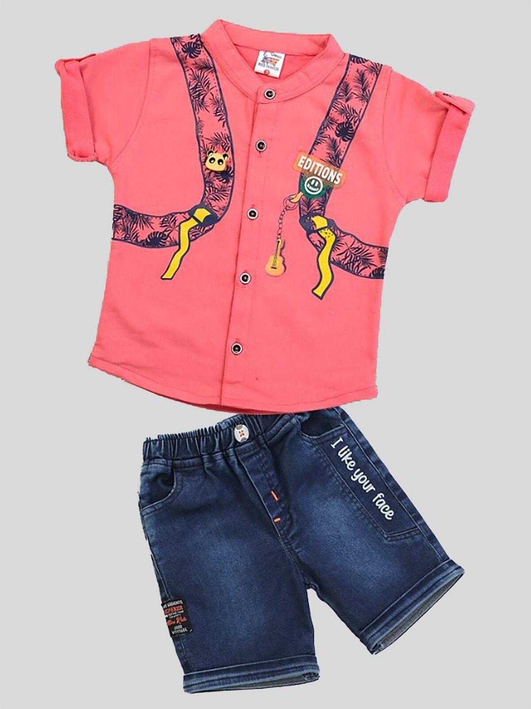 youstylo boys graphic printed roll-up sleeves shirt with shorts