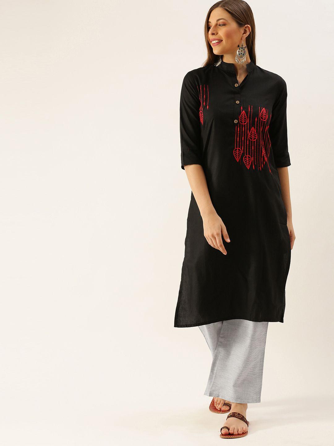 youthnic women black & red embroidered kurti with palazzos