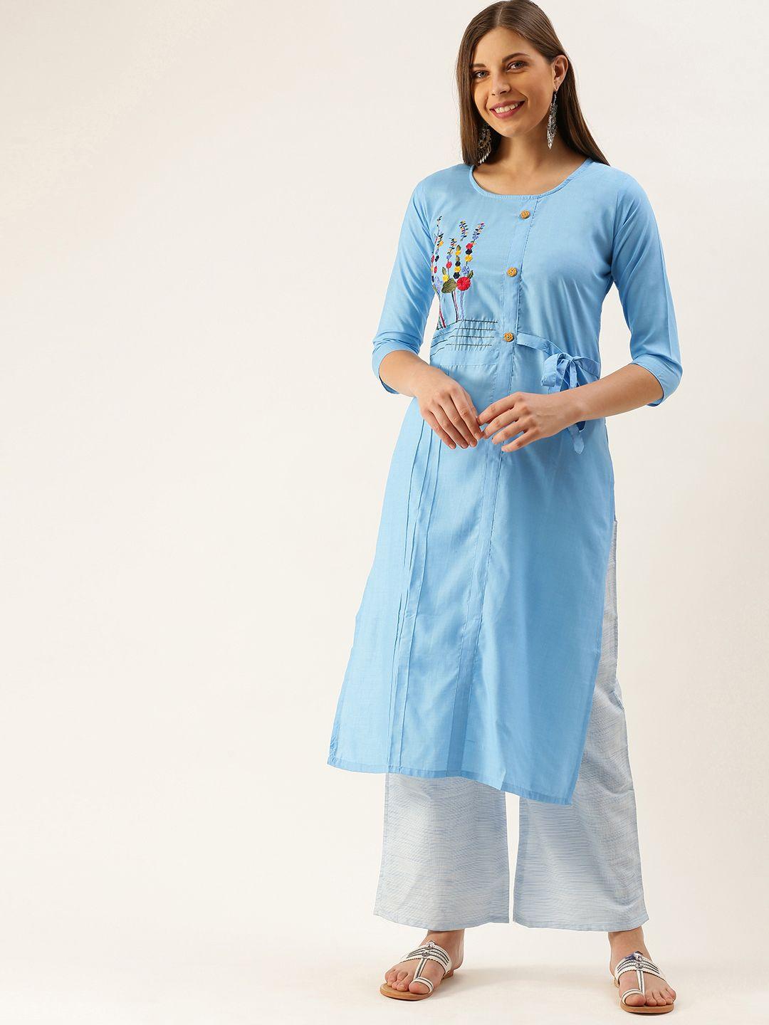 youthnic women blue & multicoloured embroidered kurta with palazzos