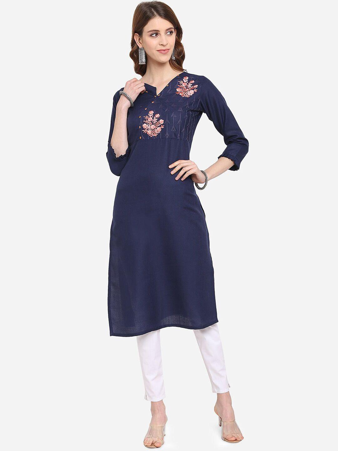 youthnic women blue embroidered straight kurta