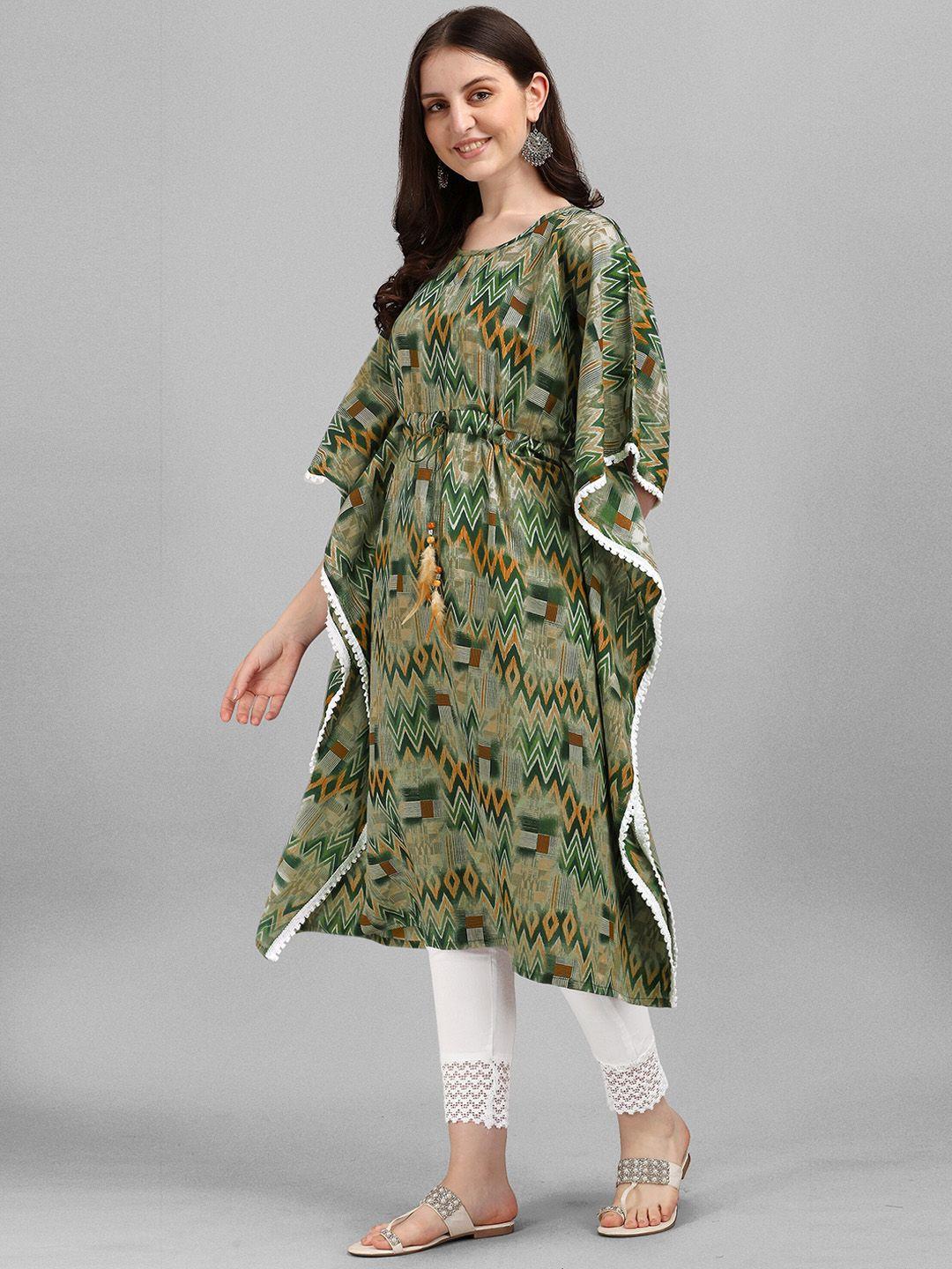 youthnic women green printed flared sleeves faftan kurta