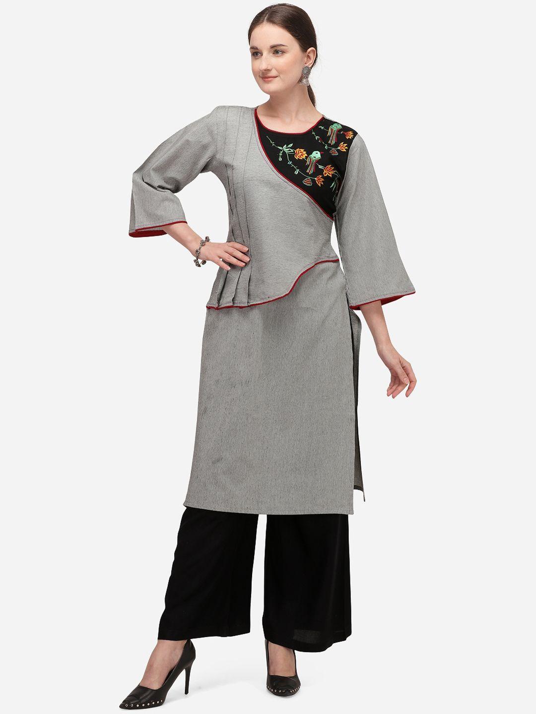 youthnic women grey striped embroidered kurta