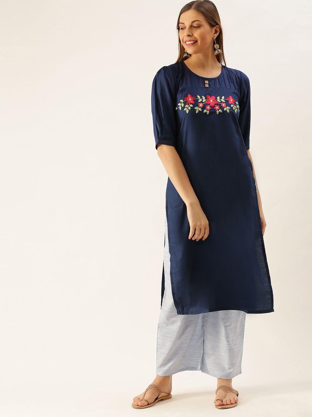 youthnic women navy blue embroidered kurta with palazzos