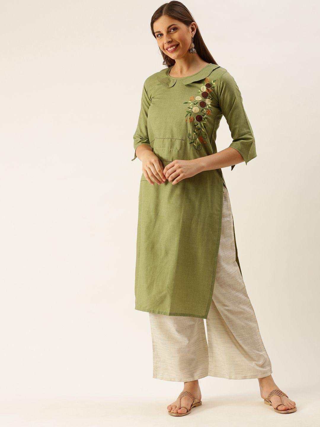 youthnic women olive green & off-white embroidered kurta with palazzos