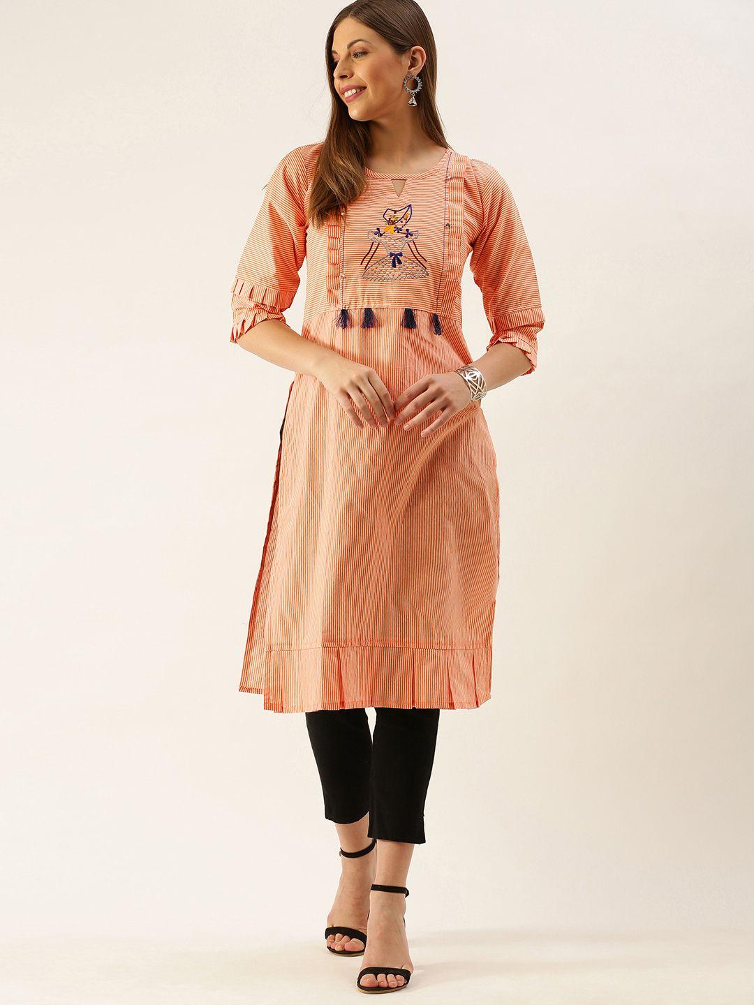 youthnic women orange & off white striped keyhole neck thread work kurta