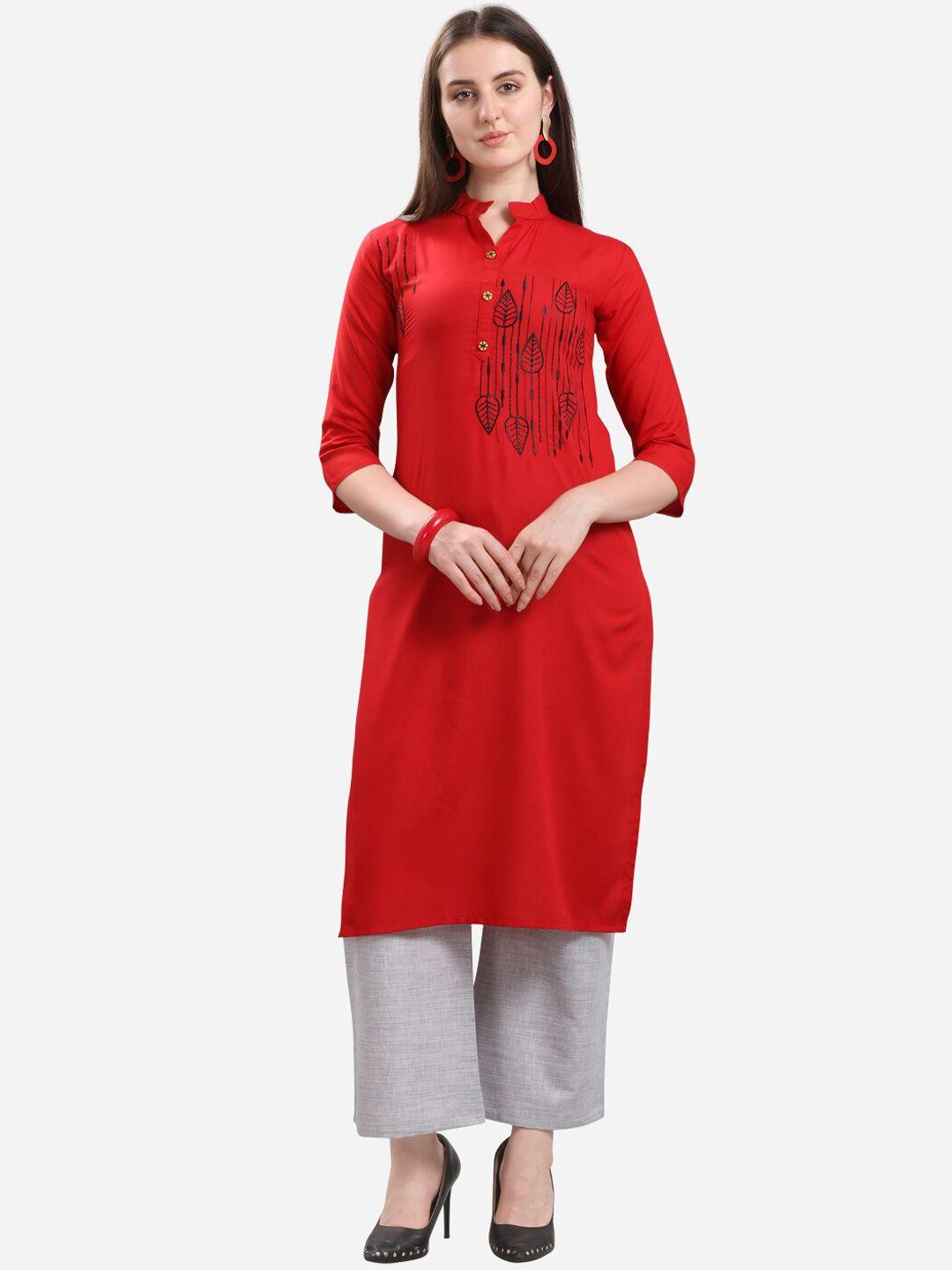 youthnic women red floral embroidered thread work straight kurta