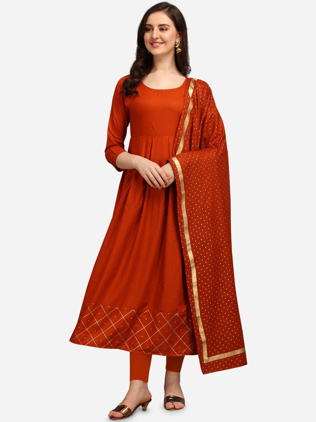 youthnic women rust foil print anarkali kurta with dupatta