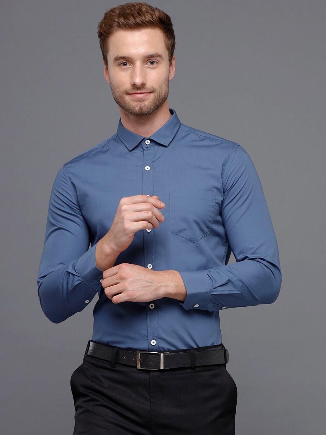 yovish men blue cutaway collar smart slim fit casual shirt
