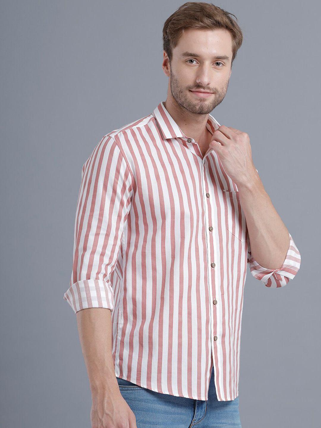 yovish men peach-coloured smart slim fit striped casual shirt
