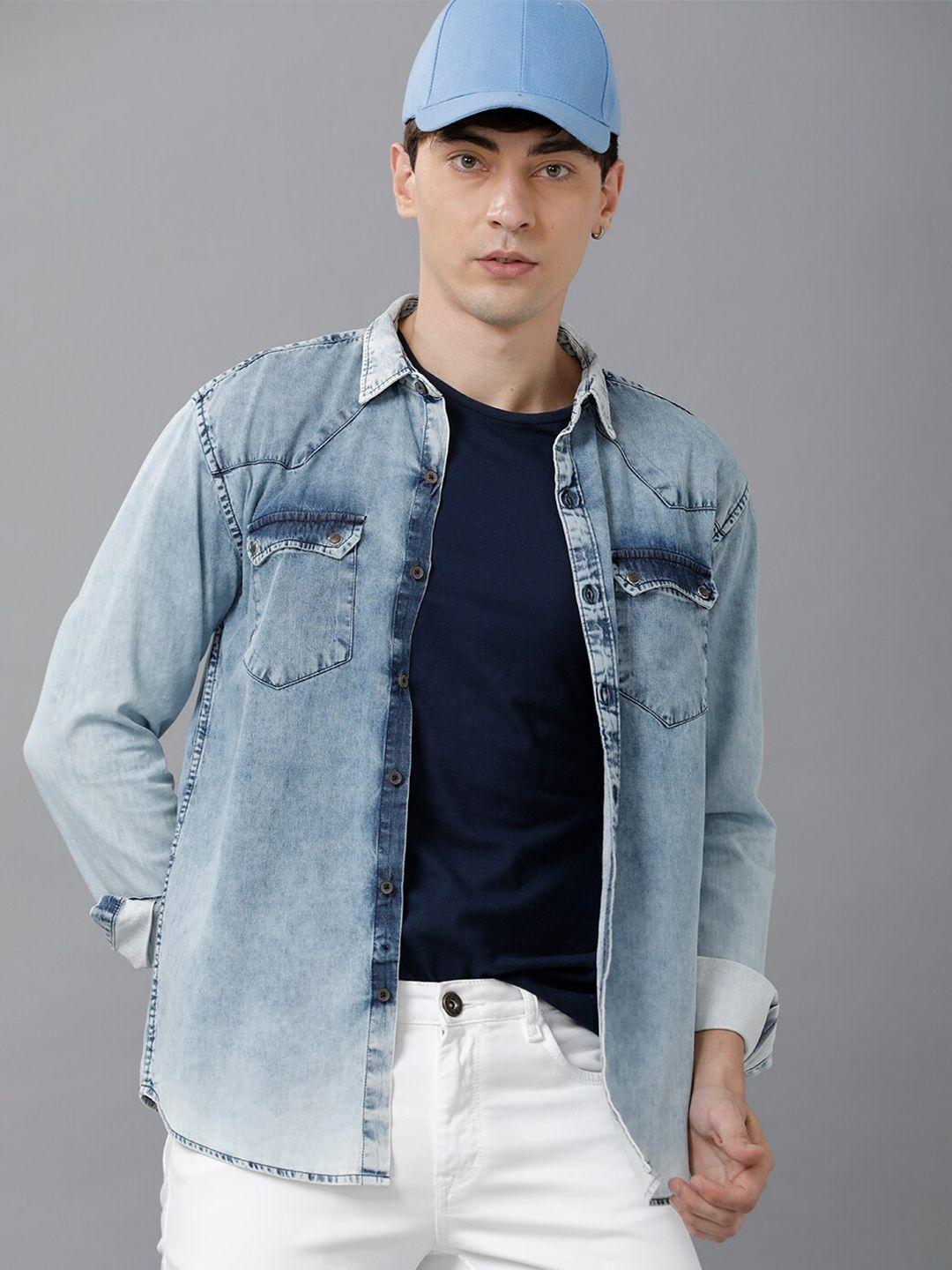 yovish men blue smart slim fit faded denim casual shirt