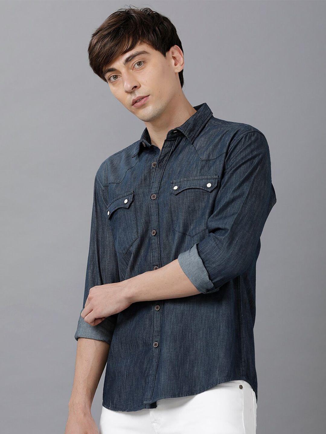 yovish men blue solid smart slim fit denim casual shirt