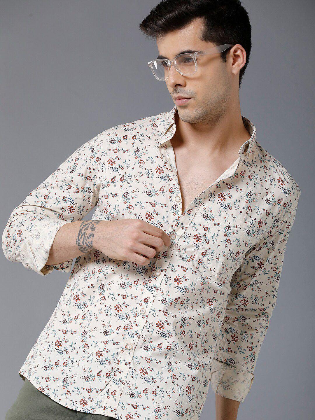 yovish men cream-coloured smart slim fit floral printed casual shirt