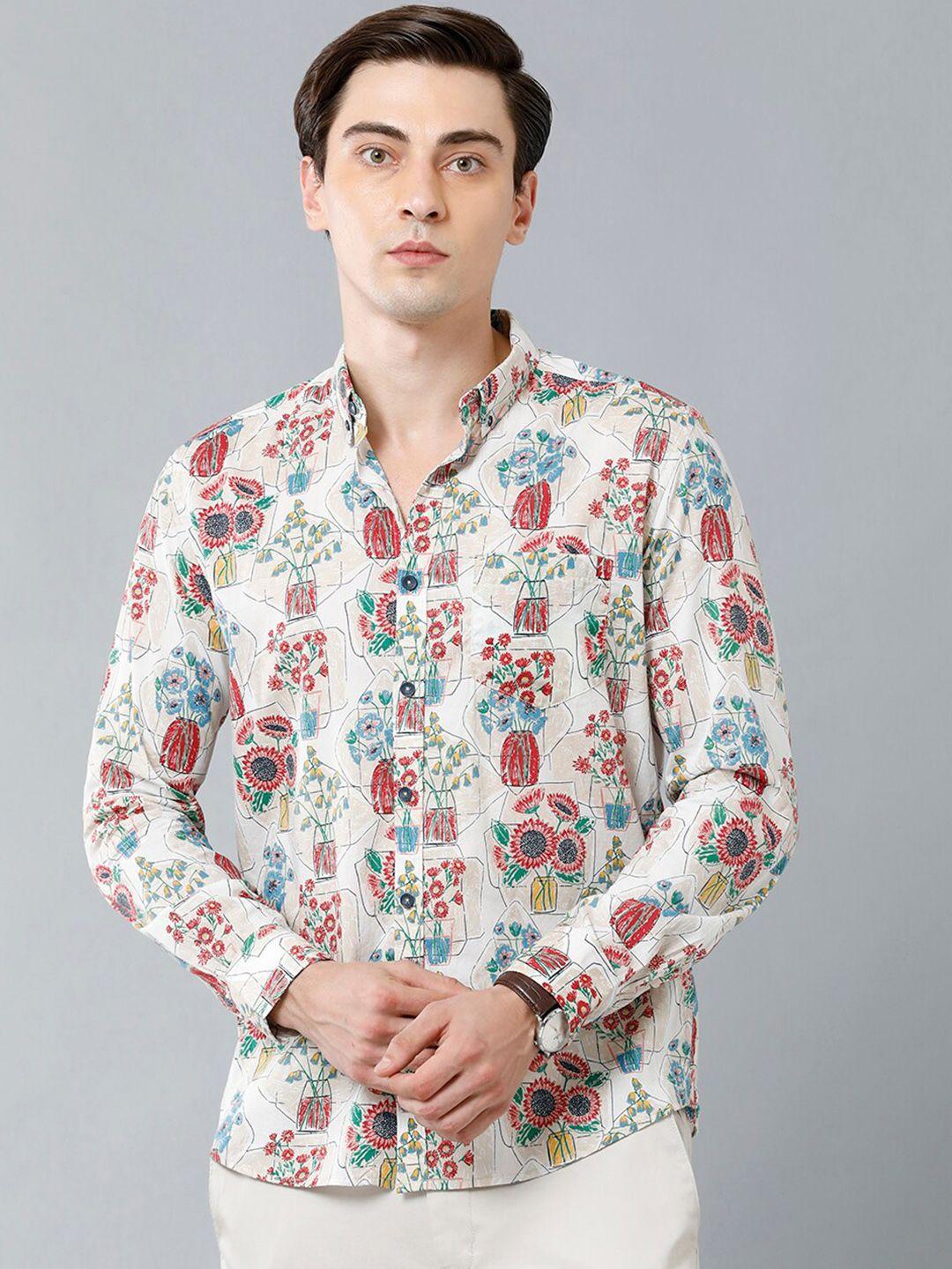 yovish men cream-coloured smart slim fit floral printed casual shirt