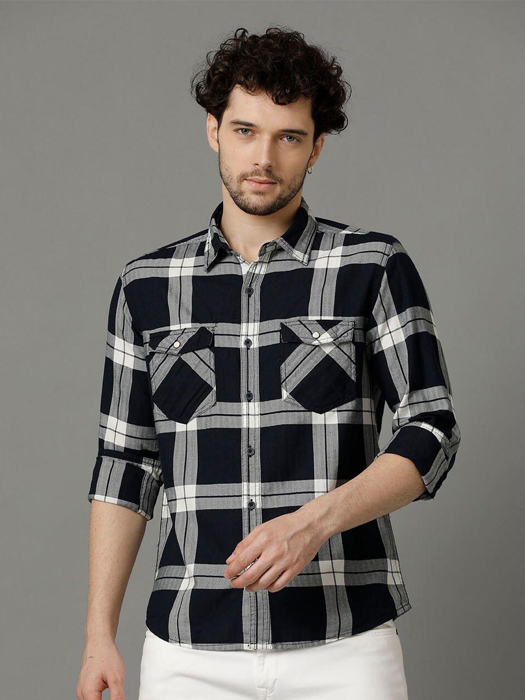 yovish men navy blue comfort checked casual shirt