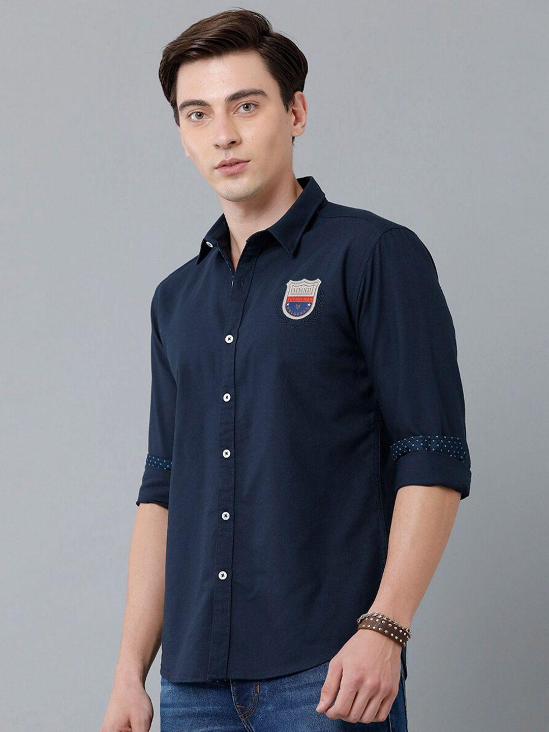 yovish men navy blue smart slim fit printed casual shirt