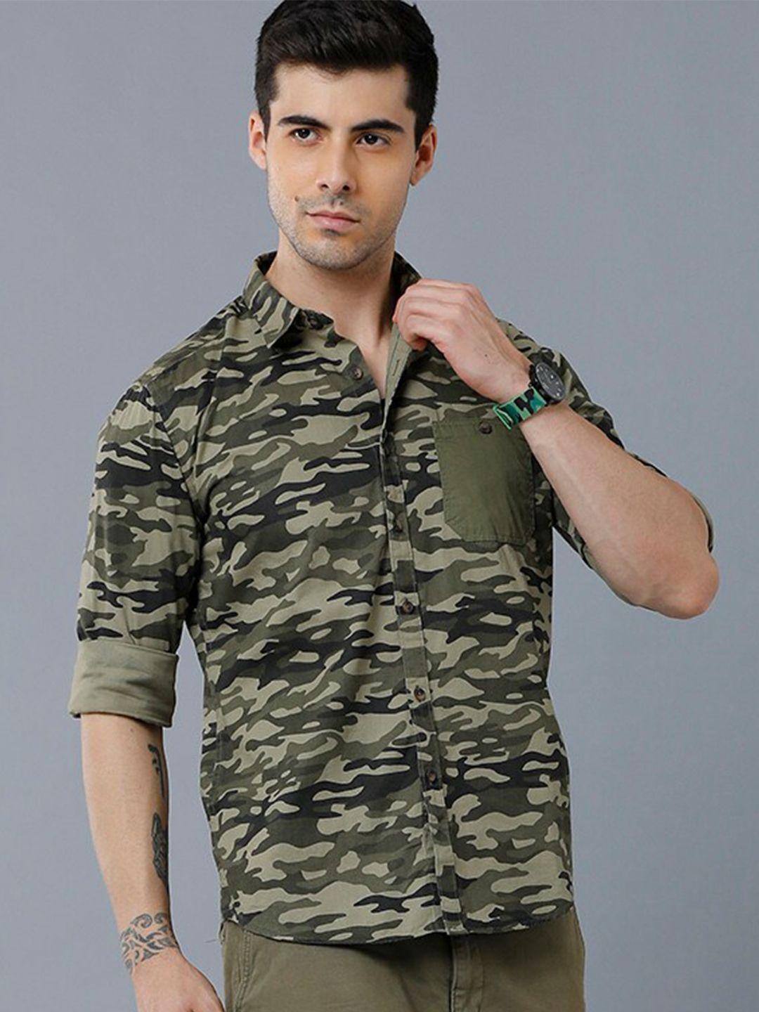 yovish men olive green smart slim fit printed casual shirt