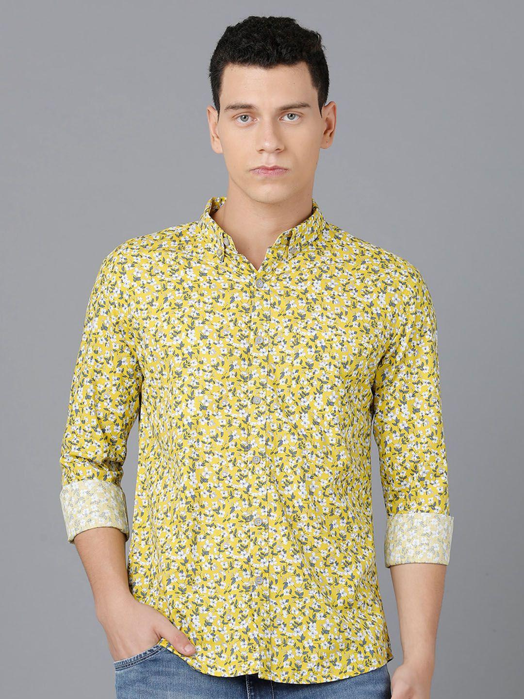 yovish men yellow smart tailored fit floral printed cotton casual shirt